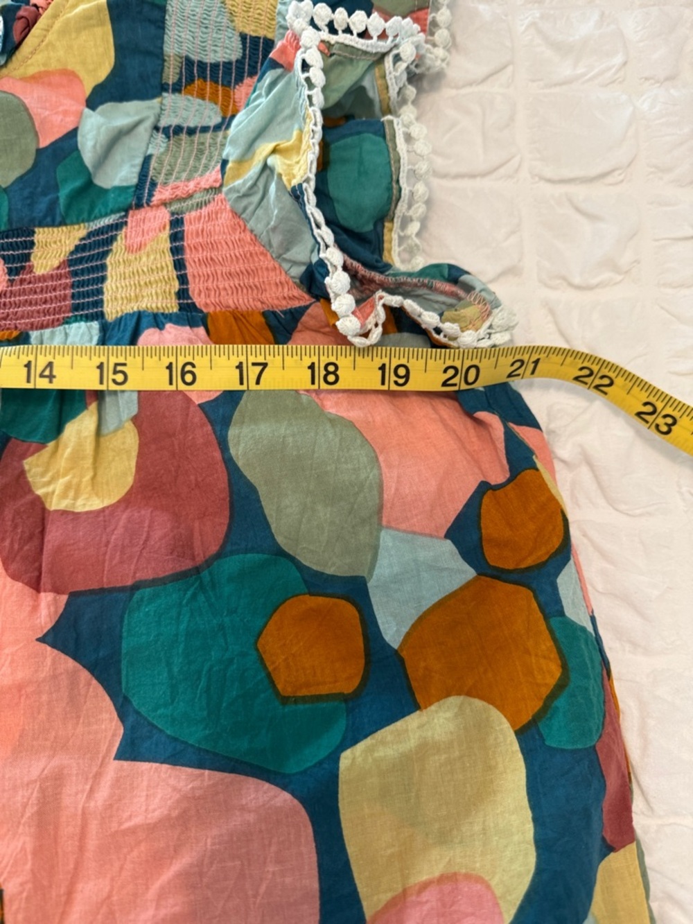 THML Multicolor Abstract Smocked Dress in Teal, Pink & Mustard - Picture 5 of 6